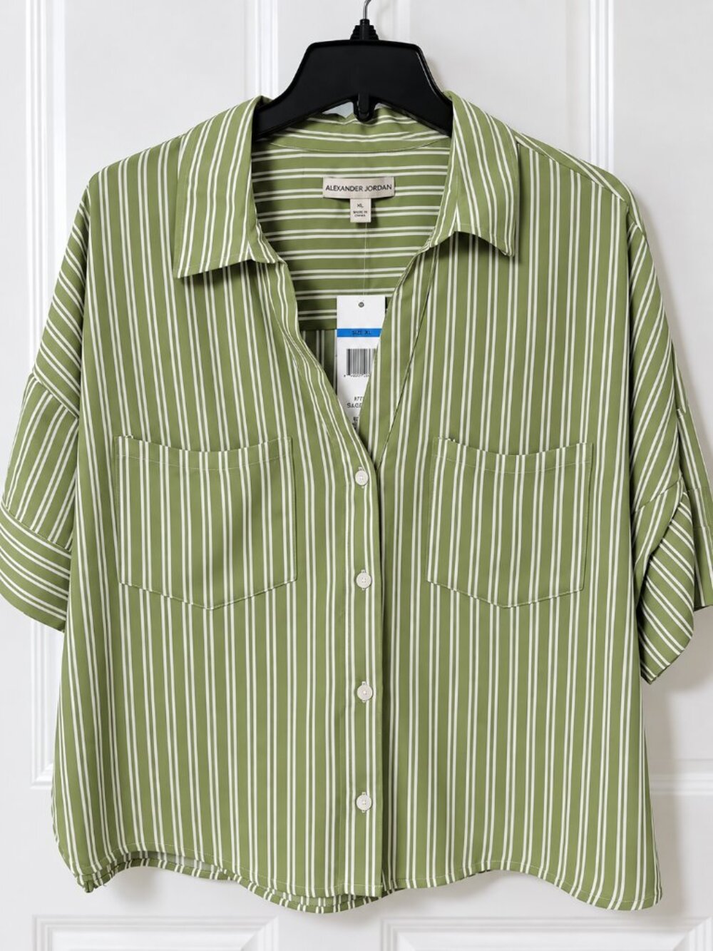 Sage Green & White Striped Button Down Short Sleeve Shirt XL